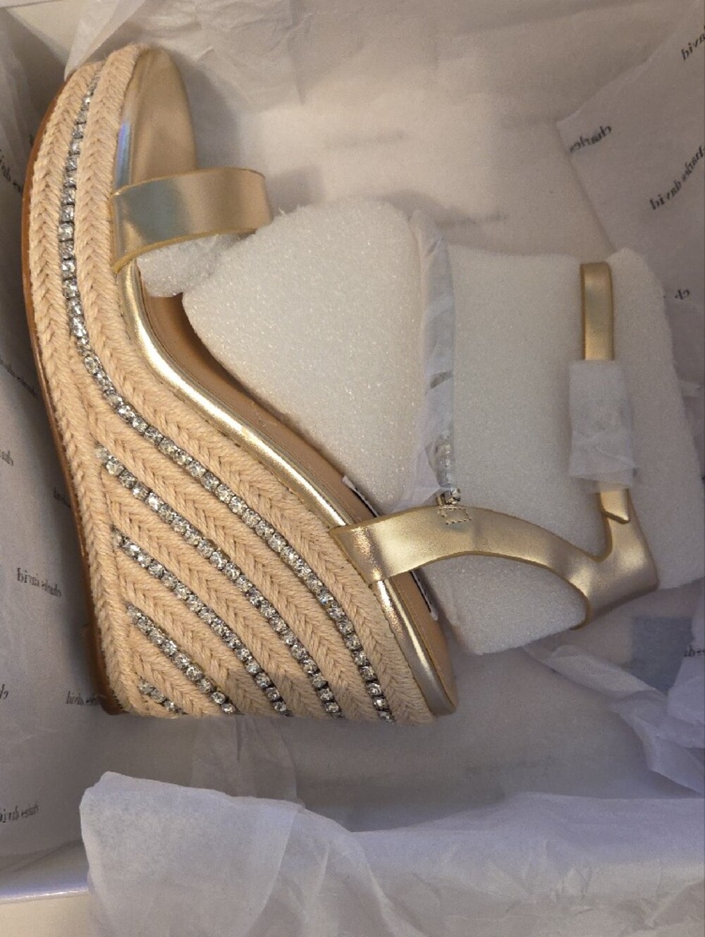 Charles David Gold Metallic Espadrille Wedges with Blingy T-Strap, Brand New. - Picture 6 of 8